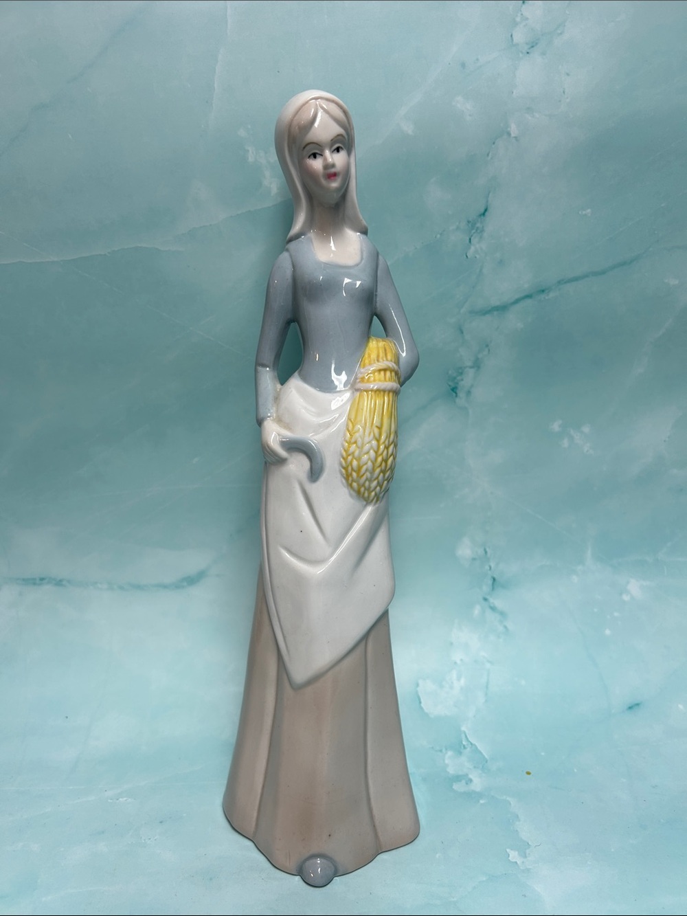Porcelain Harvest Maiden Figurine – Blue, White & Beige 11.5 inches